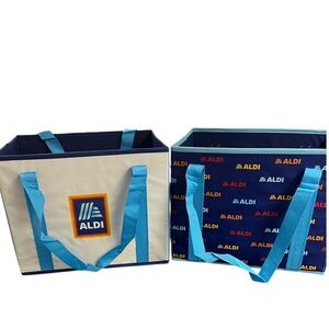 2 ALDI Collapsible Box Bags 14x11x10 Blue / White / Rainbow